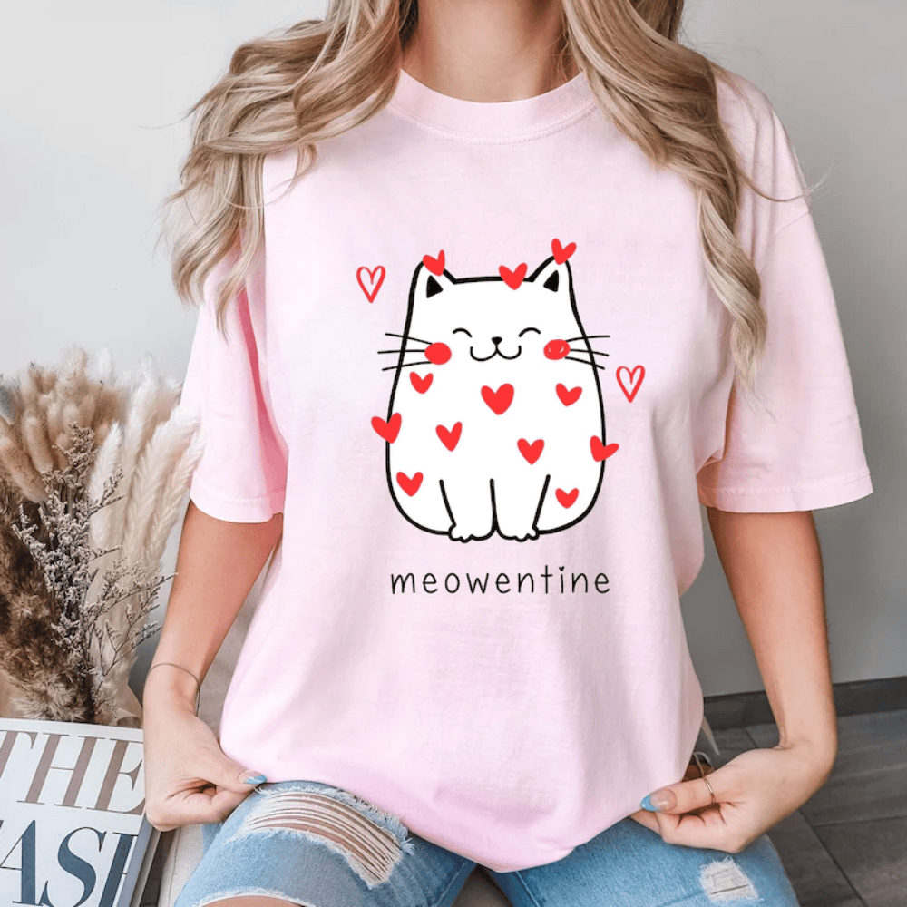 Cute Cat Valentine T-Shirt - Meowentine Funny Valentine’s Day Shirt - Soft Comfort Colors Unisex Tee