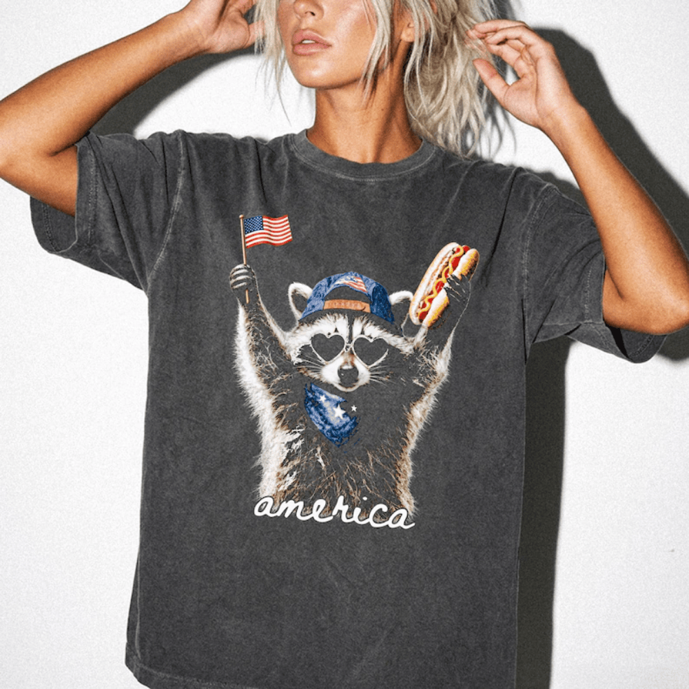 Feral & Free Raccoon T-Shirt - Funny 4th of July Patriotic Shirt - USA Independence Day Tee