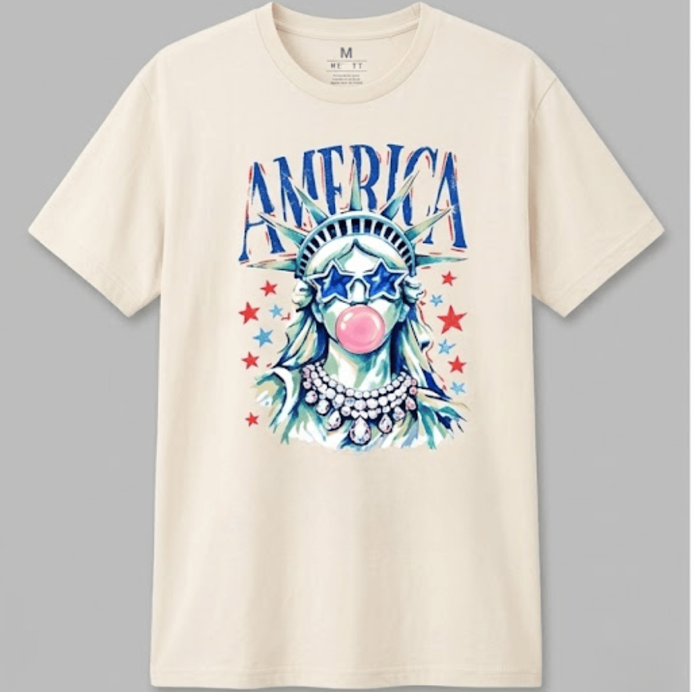 Statue of Liberty Blowing Bubble Gum T-Shirt - Patriotic America 250th Anniversary Tee