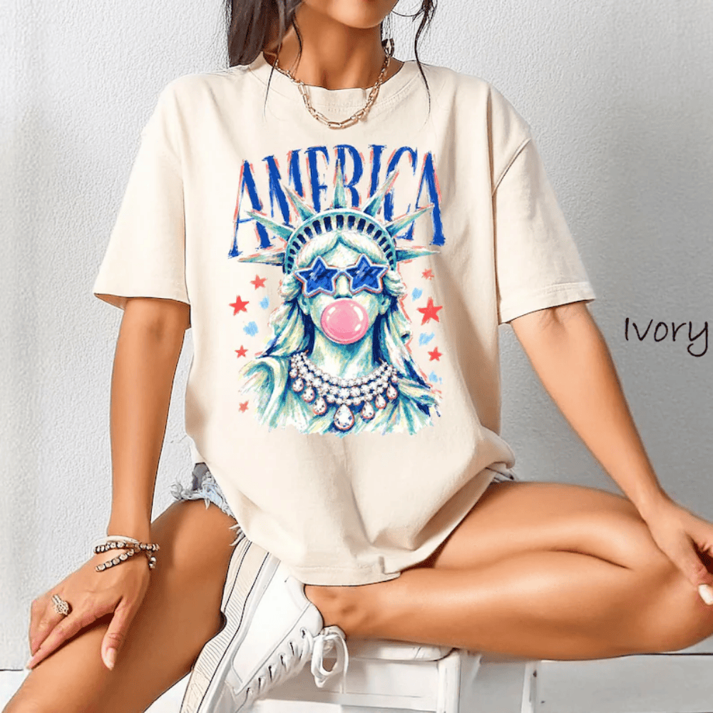 Statue of Liberty Blowing Bubble Gum T-Shirt - Patriotic America 250th Anniversary Tee