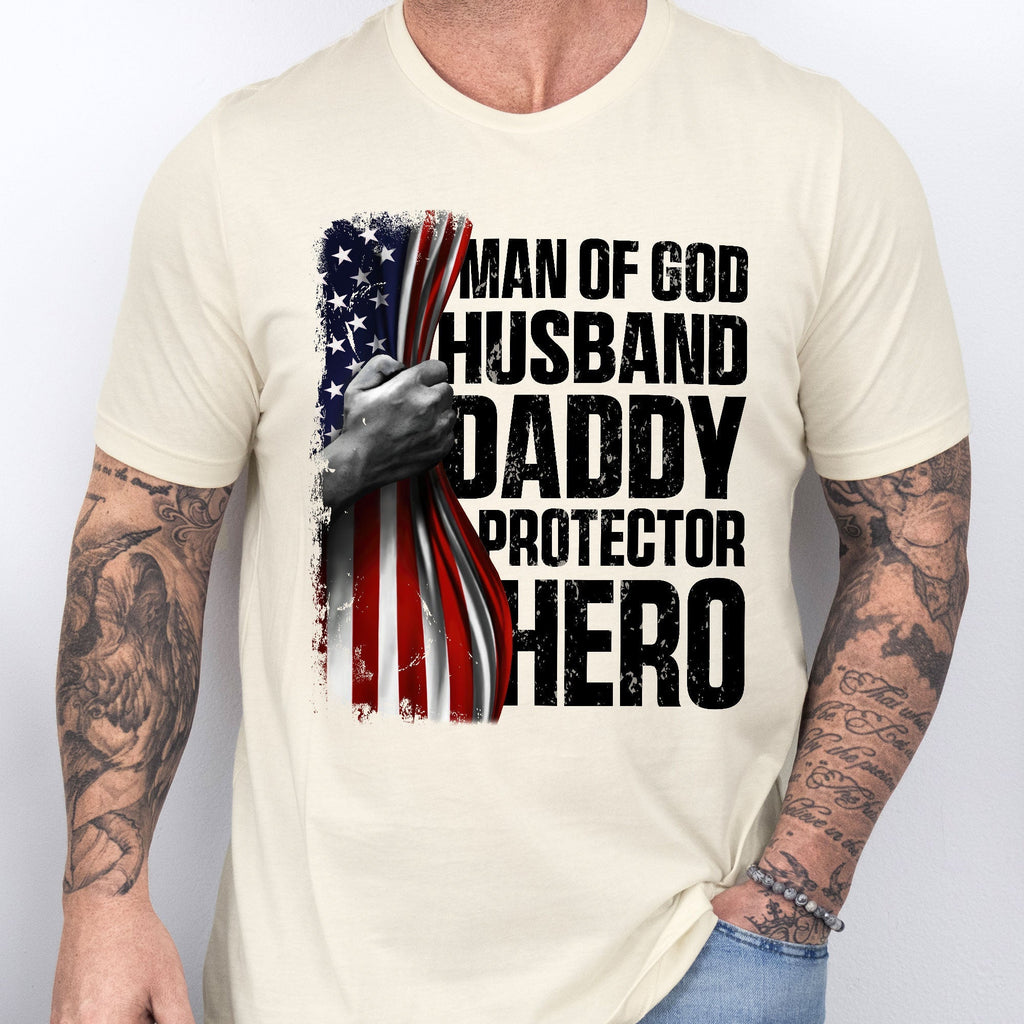 Gifts For Dad, Father's Day Tee, Man of God Husband Daddy Protector Hero T-shirt