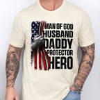 Gifts For Dad, Father's Day Tee, Man of God Husband Daddy Protector Hero T-shirt