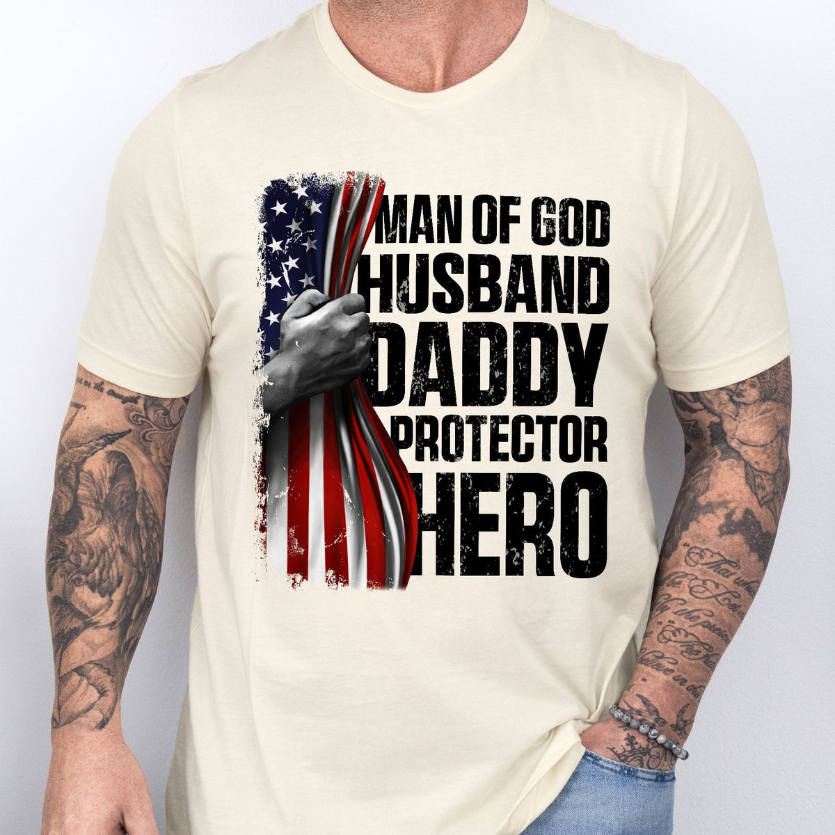 Gifts For Dad, Father's Day Tee, Man of God Husband Daddy Protector Hero T-shirt